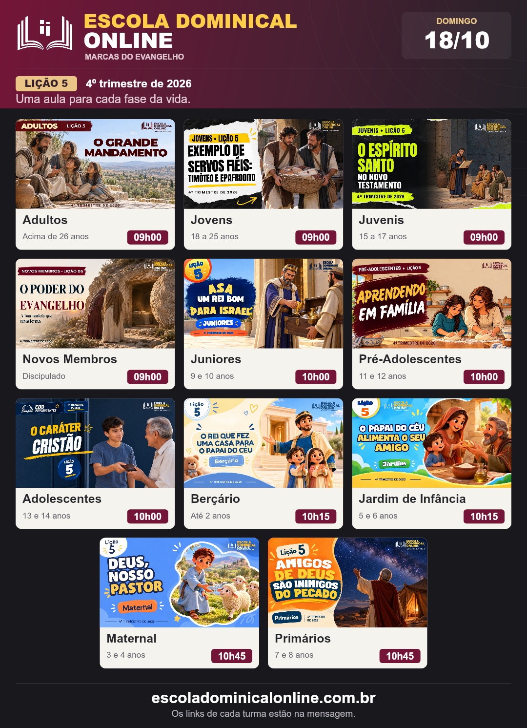 Aulas da Lição 5 da EBD Online, todas as turmas e horários