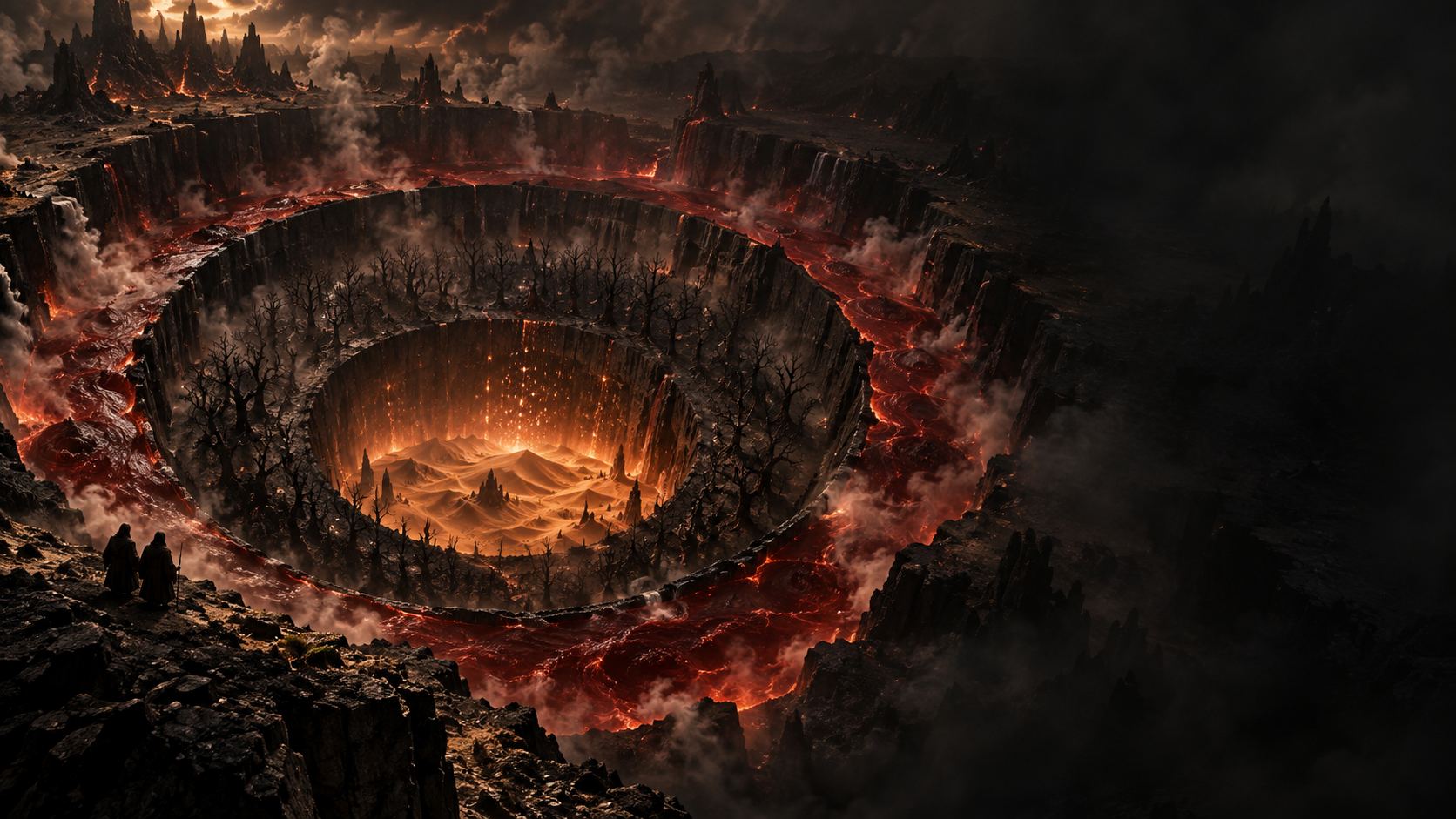 Os três anéis do sétimo círculo do inferno de Dante: um rio de sangue, uma floresta seca e um deserto em brasa, vistos do alto por dois viajantes
