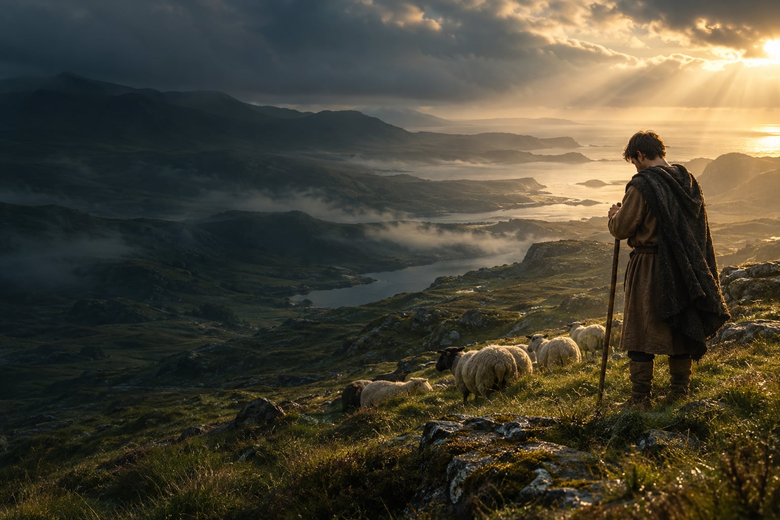 Patrício jovem junto a um rebanho na paisagem irlandesa